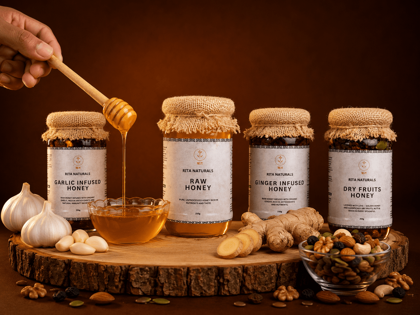 Complete Wellness Collection | Raw, Garlic, Ginger & Dry Fruits Honey Combo - Rita Naturals