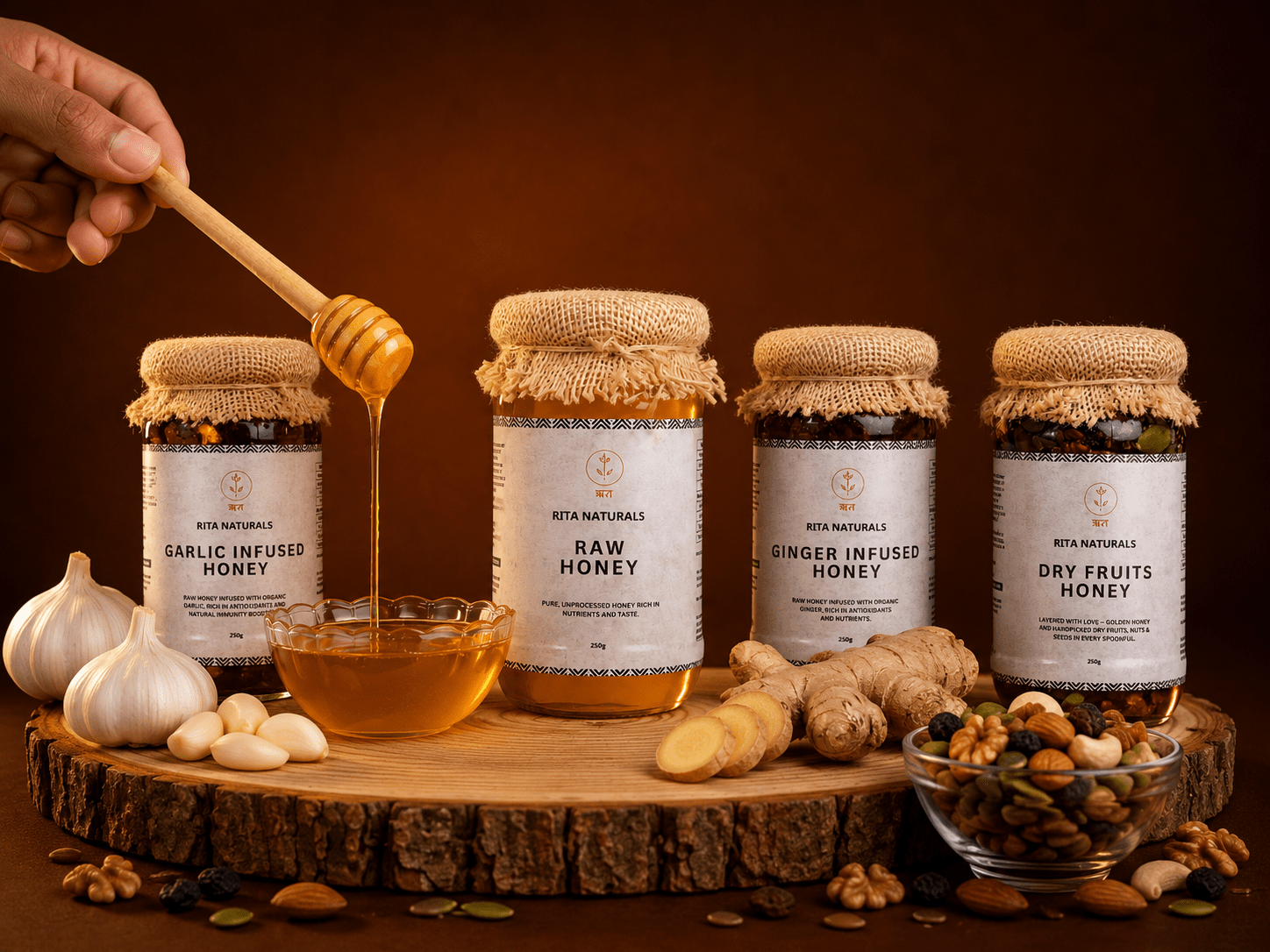 Complete Wellness Collection | Raw, Garlic, Ginger & Dry Fruits Honey Combo - Rita Naturals